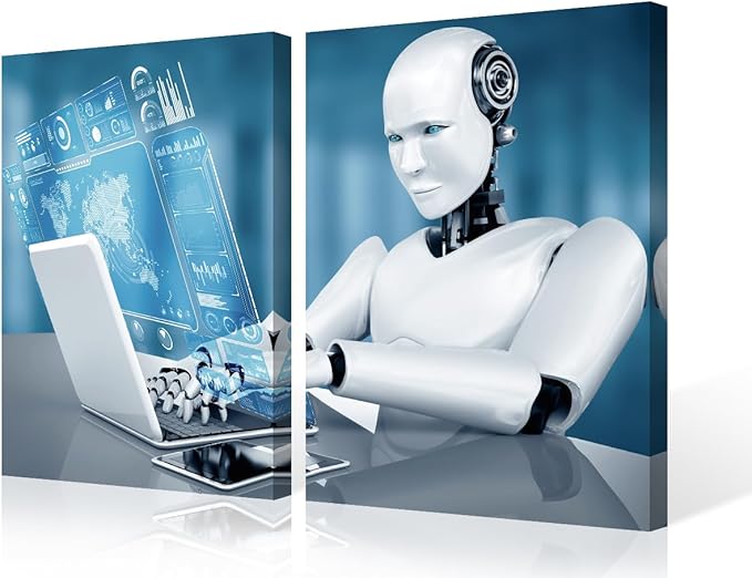 Canvas Print Robot Wall Art AI Intelligence Painting for Home Decor 3 Pieces Big Data Analysis Paintings Modern Giclee Stretched and Framed Artwork for Living Room Decor, 24" Wx16 H