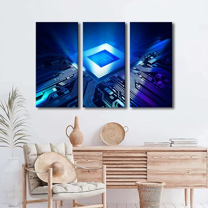 3 Panel Wall Art CPU Concept Painting Print On Canvas Pictures for Bedroom Circuit Board Home Decor Technology Digital Art Contemporary Artwork Paintings Stretched Frame Ready to Hang(24"Wx36"H)