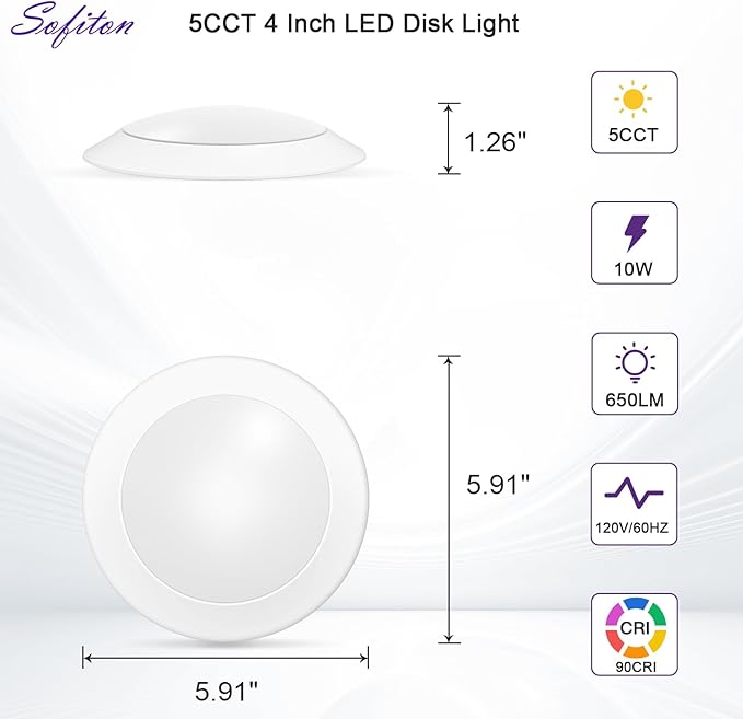18-Pack 4 Inch Disk Lights, 2700K-5000K Adjustable, 10W, 650LM, CRI 90+, Dimmable 10%-100%, Wet Rated, Surface Mount LED Ceiling Light for Bathroom Kitchen, ETL Listed