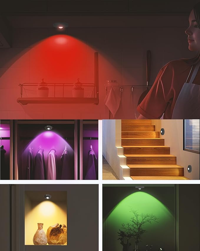 Rechargeable RGB Puck Lights with Remote Control, 1500mAh Battery Operated Push Lights, Dimmable & Timer Under Cabinet Lighting for Closet, Bedroom, Kitchen Black 6Pcs