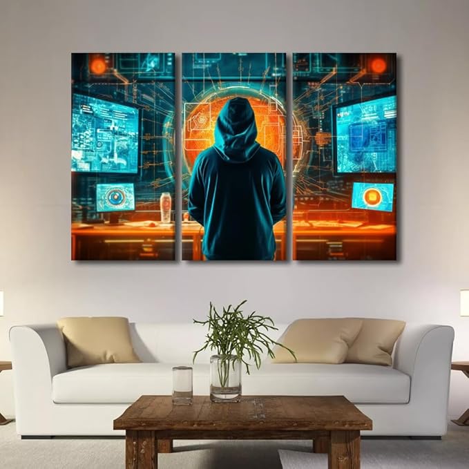 3 Panel Framed Wall Art, Concept of Cybersecurity, Phishing, Cybercrime Posters Picture Print on Canvas for Bedroom Living Room Dorm Wall Decorations, Ready to Hang, 60" Wx40 H