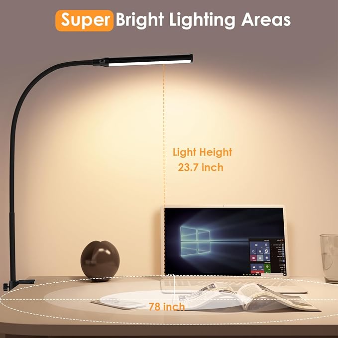 ShineTech LED Desk Lamp with Clamp, Clip On Desk Lamp for Home Office, 3000K Warm White & 11 Brightness Level, Flexible Gooseneck Architect Desk Light, Eye Caring Reading Lamp with USB Adapter