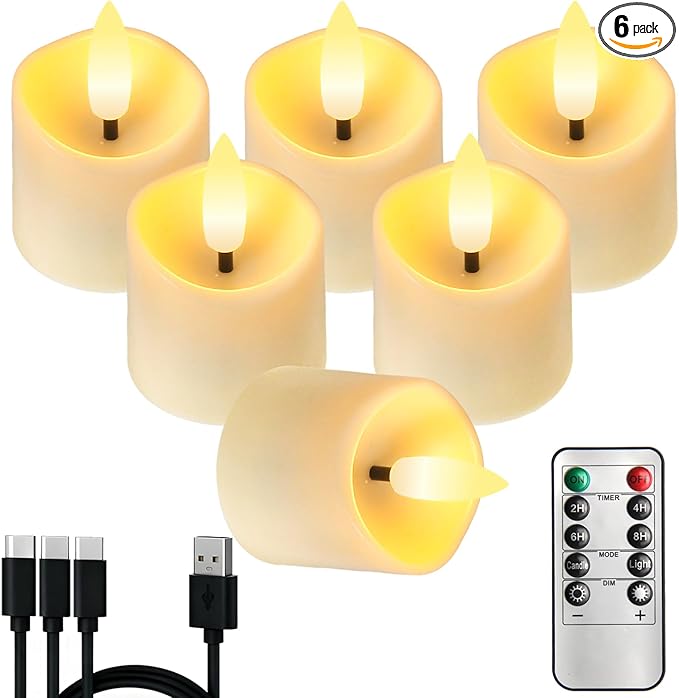 Rechargeable Flameless Candles with Remote Timer, 6pcs Flickering Tea Lights Candles Battery Operated, Fake Votive Candles for Home Decor, Easter, Wedding Party and Valentines Decor