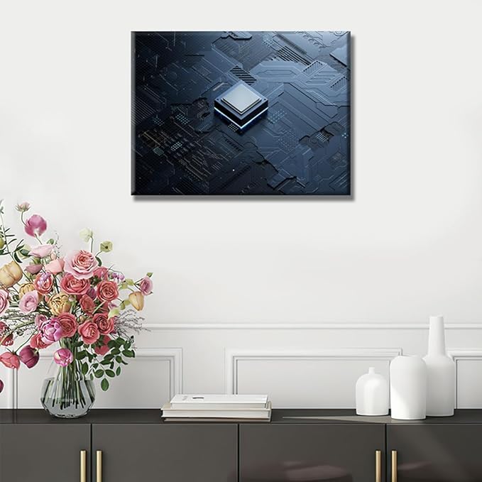 Office Wall Art AI Canvas Wall Art Central Computer Processors CPU Wall Decor Circuit Board Pictures Wall Art for Living Room Bedroom House Decorations Framed Ready to Hang 12x16 INCH