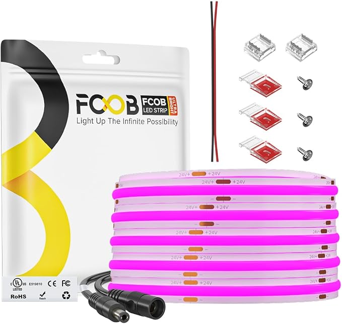 COB Purple LED Strip Light DC24V Flexible High Density Uniform Bright 480LEDs/m Strips 16.4FT CRI90+ 8MM Width Dimmable COB LED Tape for Cabinet Indoor Decor(No Adapter/Controller)