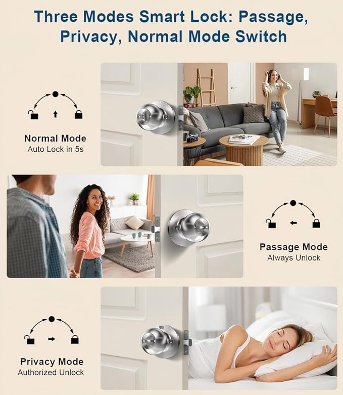 Fingerprint Door Lock, Smart Fingerprint Door Knob with Keypad, Biometric Door Lock with App Control, Auto Lock Door Lock with Code, Keyless Door Knob with Lock for Bedroom, Home-Burnished Silver