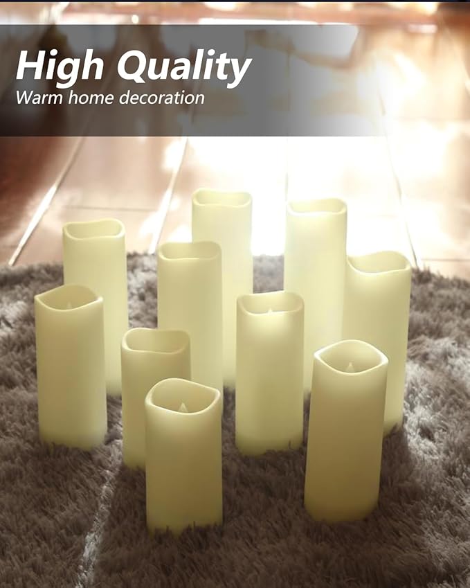 salipt Flameless Candles, LED Flickering Candles Set of 10 (H 4" 5" 6" 7" xD 2.2") Waterproof Candles, Resin Plastic, Indoor Outdoor Use,Ivory