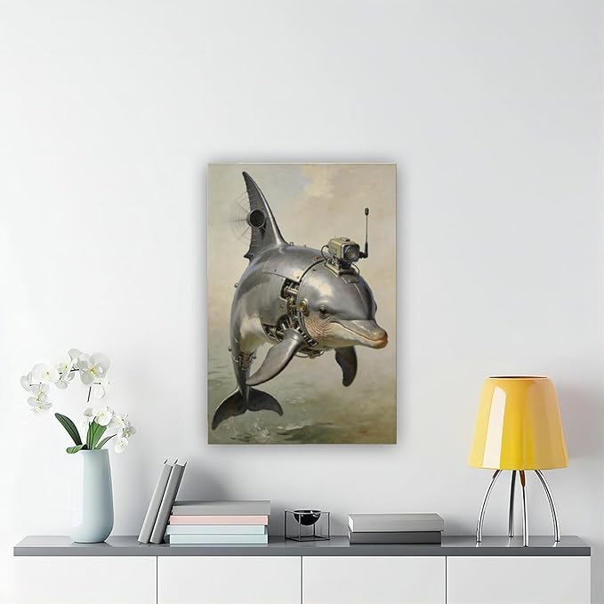 Framed Steampunk Mechanical Dolphin Wall Art - Marine Retro-Futuristic Poster for Beach House Living Room Decor 12x18inch(30x45cm)
