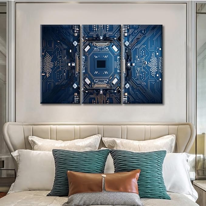3 Panels Computer Processors CPU Wall Art for Living Room Motherboard Digital Chip Office Wall Decor Canvas Prints Chip Modern Artwork for Bedroom Bathroom Framed Ready to Hang (36"Wx24"H)