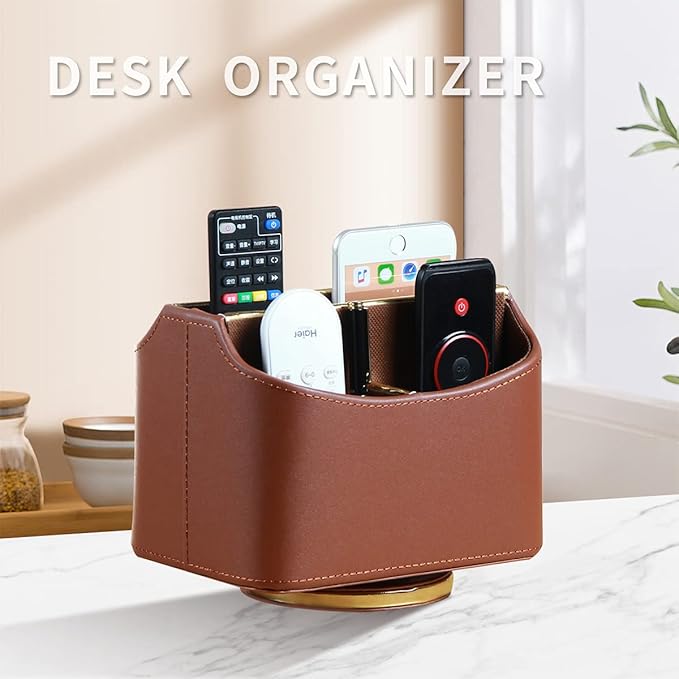 Remote Control Holder, Swivel Desk Organizer and Accessories Decorations for Living Room, PU Leather Room Decor Aesthtic, Bedside Table Organizer Remotes Caddy for TV Controllers/ Stationery