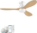 42" Smart Ceiling Fans with Lights Remote,Control via Wifi Alexa Voice,Natural Wood White Flush Mount Ceiling Fan,Quiet DC Motor,3 Blade,Outdoor Indoor Low Profile Fan for Bedroom,Living Room,Patio
