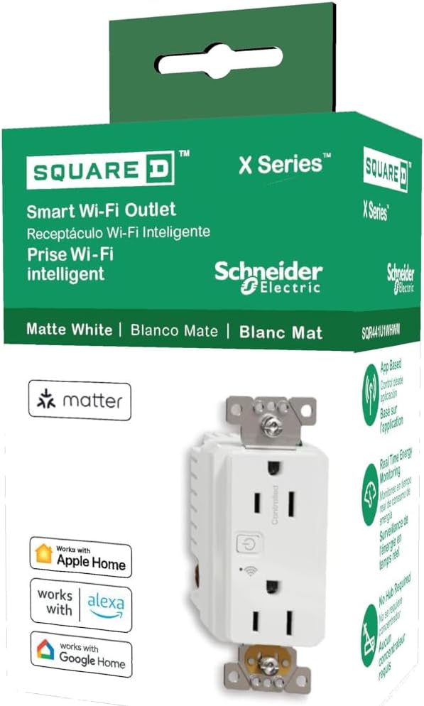 Square D by Schneider Electric X Series 15A 125V Wi-Fi Energy Monitoring Socket Outlet, Tamper Resistant, Needs Neutral Wire, Matter Certified, Compatible with Alexa, Google Home, Apple Home, White