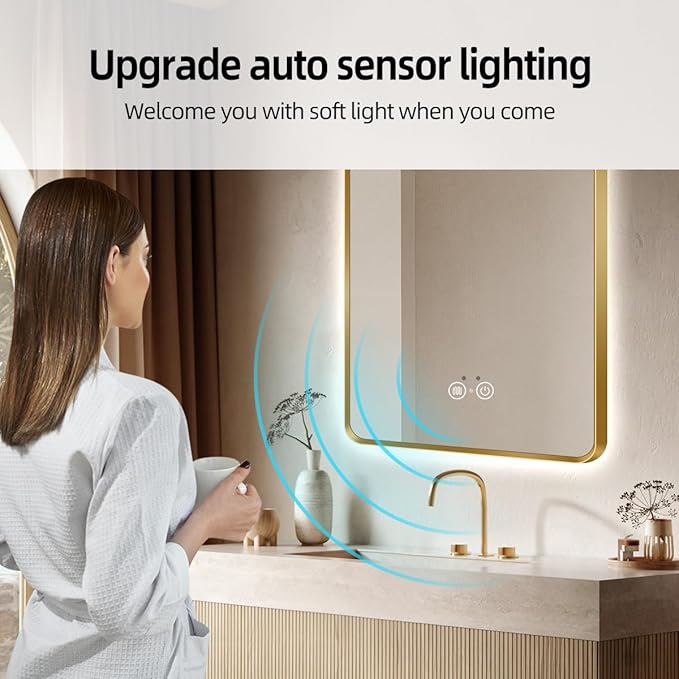 Gold LED Bathroom Mirror, 36"x28" Smart Mirror with Infrared Motion Sensor Lights, Anti Fog, Stepless Dimmable & Color Temperature Adjustment, Wall Mounted Vanity Mirror Backlit, CRI≥93