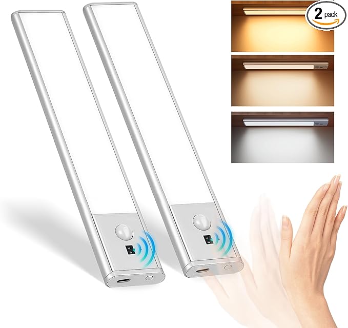Under Cabinet Lighting with Hand Wave, 56 LED Motion Sensor Light, Rechargeable Closet Lights with 3 Color Temps, 9 Inch Dimming Magnetic Strip Night Lights for Kitchen, Wardrobe, Stairs (2 Pack)