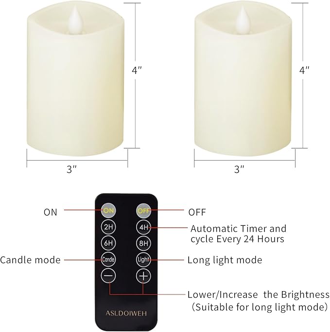 3x4 Flickering Flameless Candles Set of 2, 2AA Battery Life 600 Hours Battery Candles Flickering with Timer,4 inch Flameless Candles with Remote for Indoor/Outdoor, Ivory