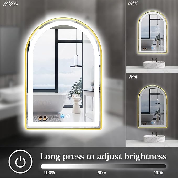 20 x 30 Inch Gold Framed Arch LED Mirror for Bathroom Salon Wall Table Arch Makeup Vanity Mirror with Lights Gold Frame Smart Memory 3 Color Dimmable AntiFog 30 Golden Arched Lighted Mirror