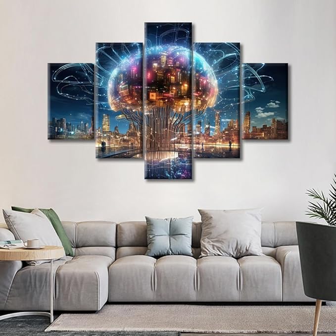 5 Piece City Smart Brain Wall Pictures for Living Room Human Brain Energy Painting Wall Decor Art Artificial Intelligence Concept Bedroom Wall Art Framed Ready to Hang, (60"Wx40"H)
