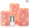 Amagic 3"×4" 5" 6" Easter Decorations Flameless Candles with String Lights, Pink 11-Key Remote & Timer Battery Operated Flickering Led Pillar Candles Real Wax for Home, Lantern Decor, Set of 3