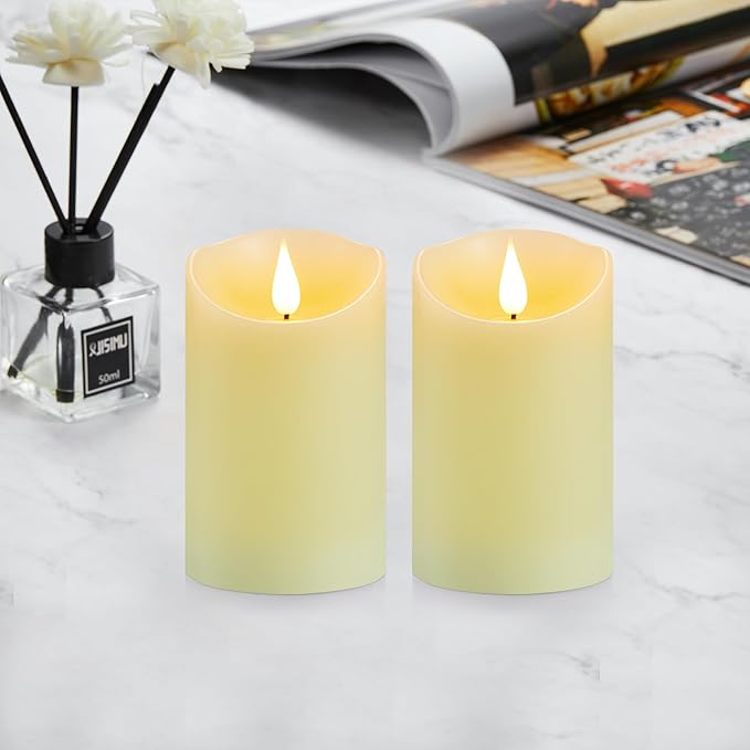 Flameless Candles with Rechargeable Battery, 3" x 5", Set of 2, Electronic Candles with Remote and Timer, led Pillar Candles Real Wax 3D Wick, led Ivory Candles for Home, Wedding, Birthday