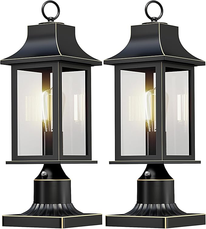 Dusk to Dawn Outdoor Post Light, 19.29″ Matte Black Lamp Post Light Fixture with Pier Mount Base, Hardwired Waterproof Aluminum Pole Light for Garden Yard Patio Driveway,2-Pack