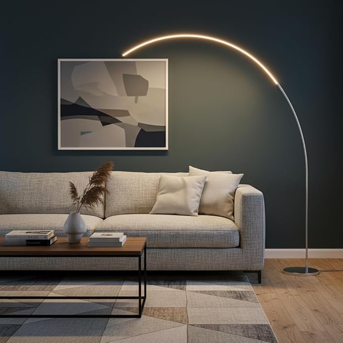 Brightech Sparq Arc Floor Lamp - Sleek, Minimalist Curved LED Standing Lamp for Living Room, Office Desk, Arches Over Bed and Sofa for Reading, Bright & Dimmable Task Light - Silver