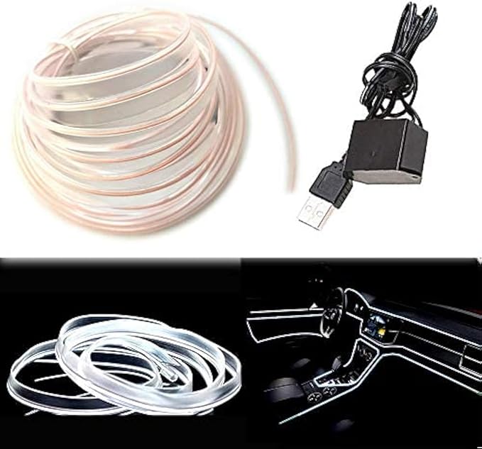 El Wire White Interior Car LED Strip Lights, 5M Neon Wire USB 5V with Fuse Protection for Automotive Interior Decoration, with 6mm Sewing Edge
