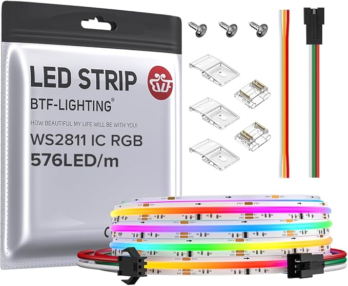 BTF-LIGHTING FCOB WS2811 IC RGB COB LED Strip DC24V 576LED/m 9.8FT Flexible High Density Color Chasing Uniform Light 16IC/m 10mm Width for Indoor Lighting Project(No Adapter or Controller)