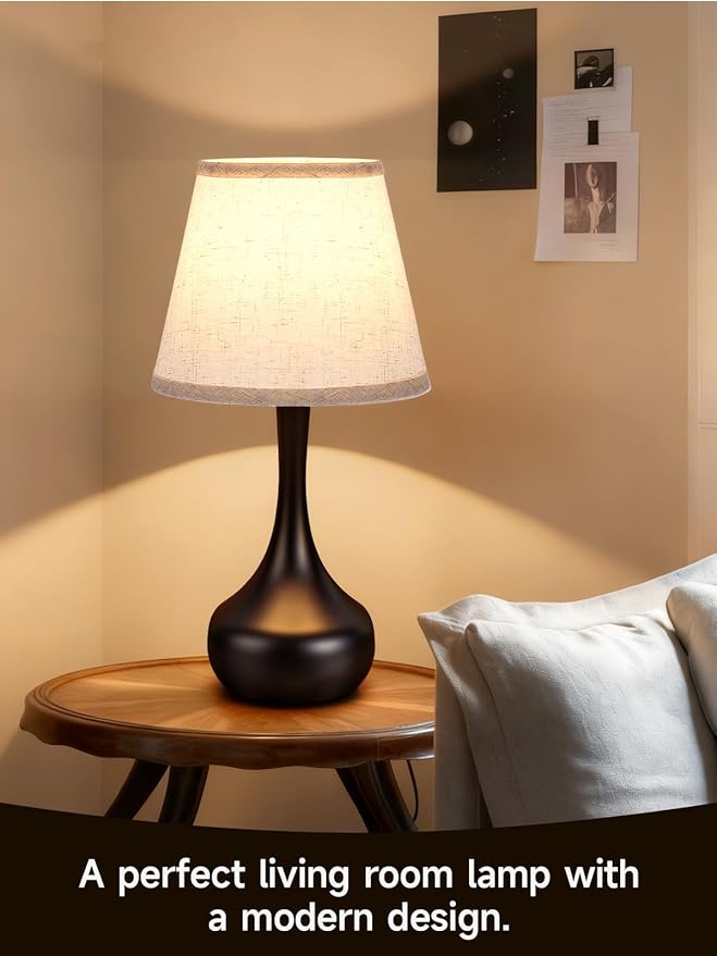 Touch Table Lamp for Bedroom Set of 2, Farmhouse 3-Way Dimmable Table Lamps for Nightstand with Fabric Shade, Lamps for Living Room，Desk Lamps for Home Office, Black Lamp for Bedroom