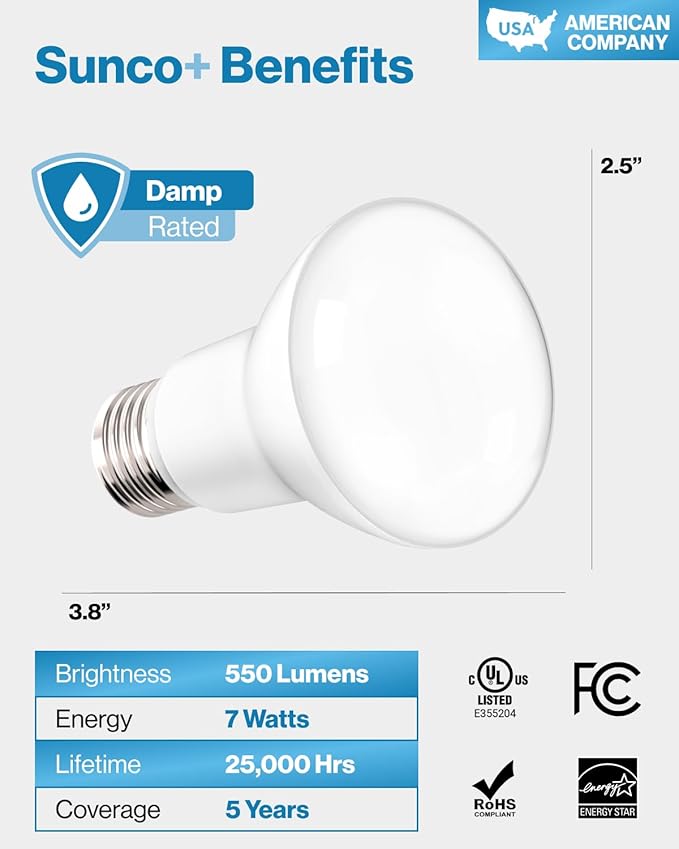 Sunco 10 Pack BR20 LED Bulb Dimmable, Small Recessed Lighting Bulbs, R20 Mini Flood Light Indoor, 550 LM, 7W (50W Equivalent), 2700K Soft White, E26 Base, Can Light for Home, Kitchen, Bedroom UL