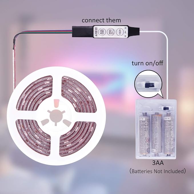 Battery Operated LED Strip Lights RGB Battery Powered Led Strip Lights 3 Keys Controller 13.2FT/4M Color Changing Flexible Light for PC TV Mirror Kitchen Cabinet Shelves, Room Decor 2Pcs