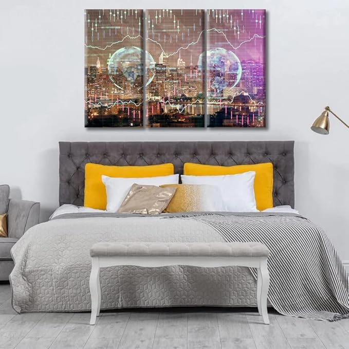 TUMOVO Currency Business and Market Charts Canvas Paintings Wall Art for Living Room 3 Piece Business and Financial Concept Artwork Wall Decor Living Room Print on Canvas Ready to Hang (42" Wx28 H)