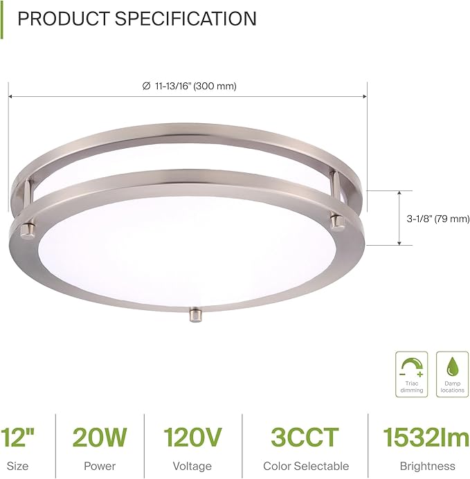 ASD LED 12" Round Flush Mount Lighting, Close to Ceiling Light Fixture | 3CCT, Dimmable, Energy Star, ETL Listed | 20W 1532LM 3000-5000K 120V | Low Profile Double Ring Lamp | Nickel