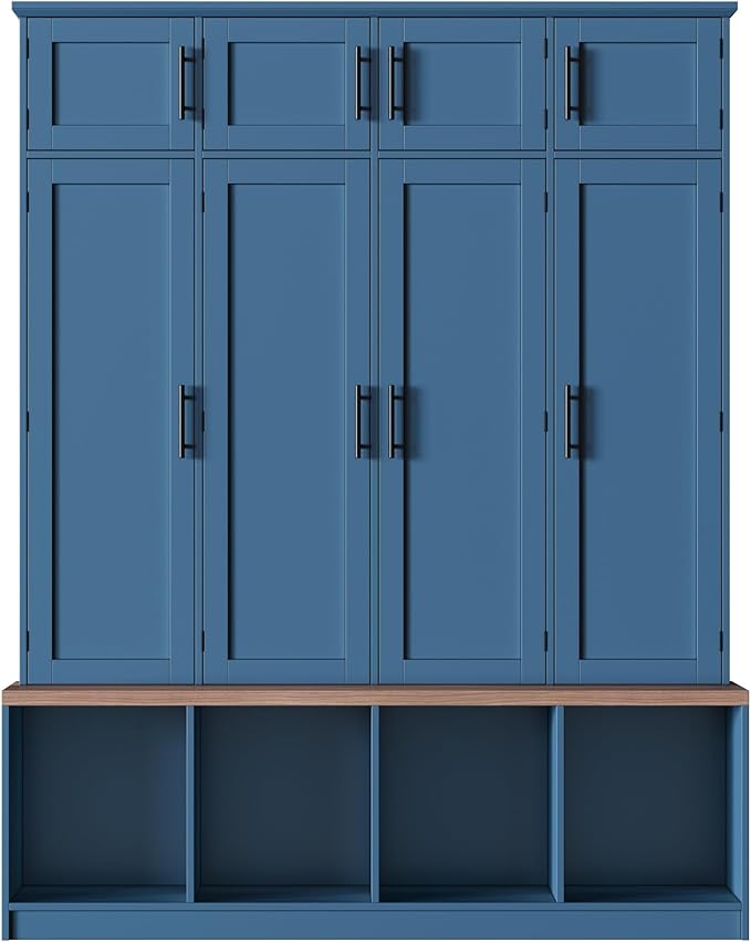 Hall Tree with Bench and Shoe Storage Compartments for Entryway, Particle Board Multi-Functional Cabinet with 4 Hanging Hooks, Blue