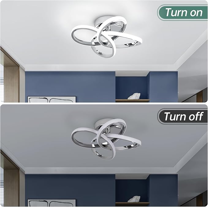 Modern Led Ceiling Lights, 11.8in Chrome Curved Hallway Ceiling Lights Fixtures, 26W Flush Mount Ceiling Light for Bedroom Kitchen Bathroom Entryway Balcony Stair - Cold White Light 6000K