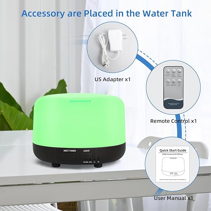 300ML Essential Oil Diffuser, Electric Ultrasonic Aromatherapy Air Humidifier vaporiser, Aroma Diffuser with Remote Control 7 LED Light Colors Waterless Auto-Off.