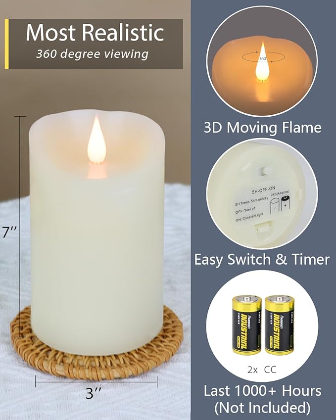Flameless Candles Flickering 3D Moving Flame, Last 1000+ Hours Battery Operated Candles with Timer, Ivory Real Wax Electric LED Pillar Candles for Home Wedding Decoration | 3" x 7"