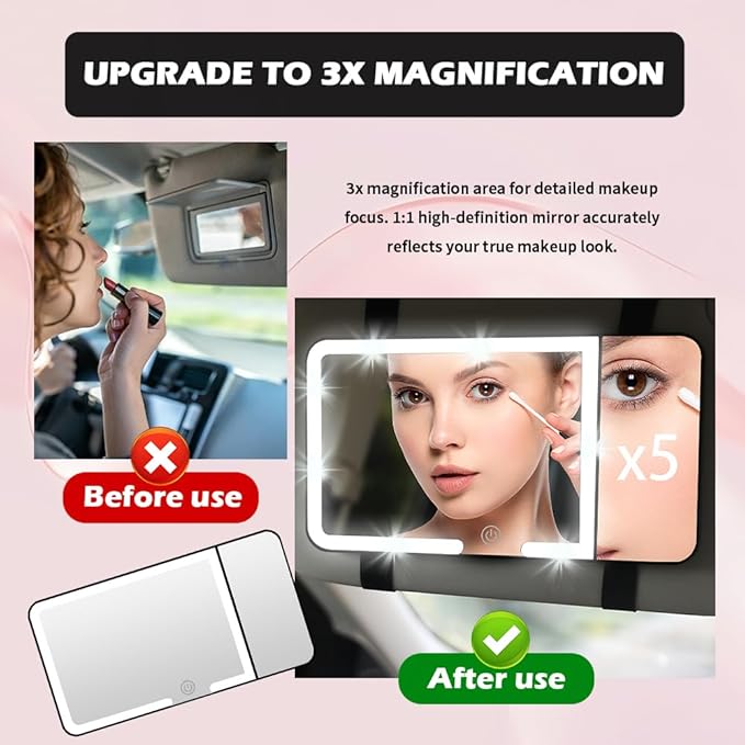 2026 New Car Vanity Mirror with Lights,3X Magnifying Car Visor Mirror with 3-Color Dimmable Lights & Smart Touch Control,Rechargeable Cars Makeup Mirrors for Cars/SUVs/Trucks