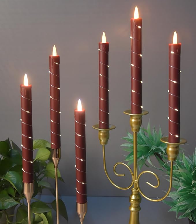 Danip Christmas red flameless Candle with String Light Window Candles with Remote Timer Battery Operated Taper Candle LED Pillar Candles Set of 6