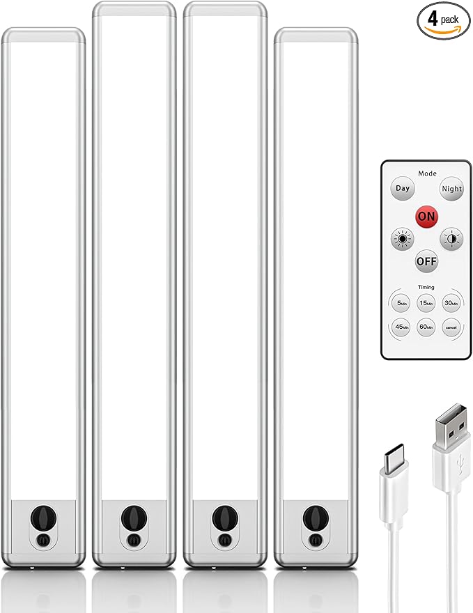 EZVALO Under Cabinet Lights, 14.5'' Motion Sensor Light Indoor Dimmable, 4000mAh Rechargeable Closet Lights 5700K with Remote Control, Wireless Under Counter Light for Kitchen,Cabinet,Bedroom（4Pcs）