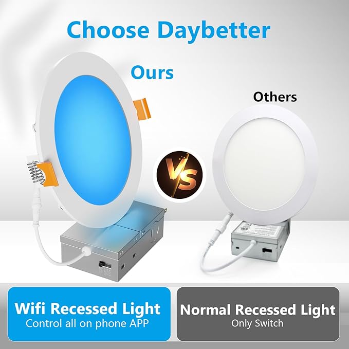 DAYBETTER Smart Recessed Lighting 6 Inch, Wi-Fi Connect RGBCW LED Downlight,Color Changing Tunable White (2700K-6500K), Ultra Thin Dimmable with Junction Box 4 Pack