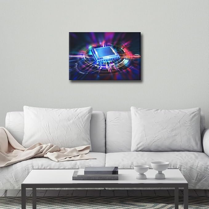 TUMOVO Glowing CPU Wall Art for Living Room CPU Concept Wall Decor Digital Age Framed Wall Painting AI Canvas Prints Pictures House Decoration for Bedroom Modern Artwork Office Wall Art, 18x12in