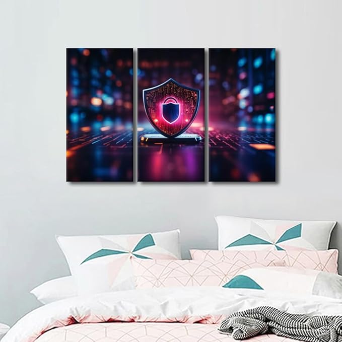 TUMOVO Modern Wall Art 3 Panel Internet Network Security Pictures Print on Canvas for Wall Art Decoration, Cyber Security and Data Protection Artwork Wooden Framed Ready to Hang, 36" Wx24 H