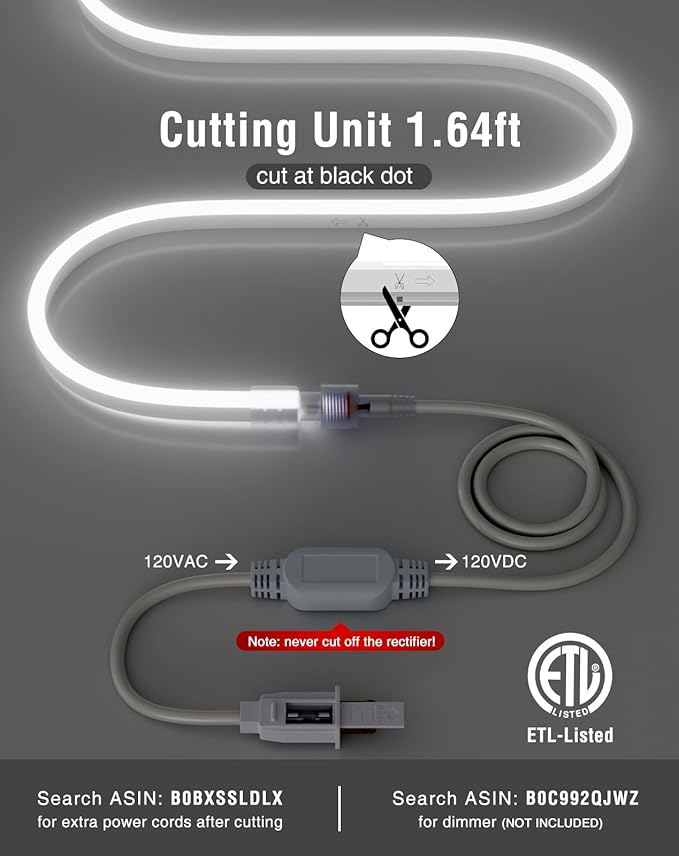 Shine Decor 82FT/25M LED Neon Rope Lights, Cool White AC 110V-120V Neon LED Strip Lights, Flexible Waterproof SMD2835 120LEDs/M Indoor Outdoor Ropes Lights, Bright Ambient Lighting Decoration