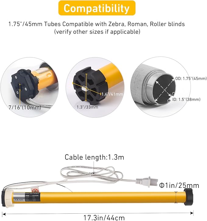 Smart Tuya WiFi Blinds Motor for Roller Shades, Alexa & Google Home Compatible, App & Timer Control, AC100-240V for 1.75"/45mm Tubes, Nlo Hub Required