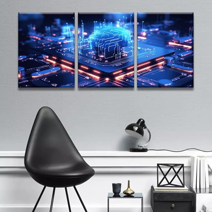 Multi Panel Large Wall Art Cloud Computing transfer Data on Internet Pictures Print On Canvas for Living Room Decoration, CPU Artwork Framed Ready to Hang, 12x16inchx3
