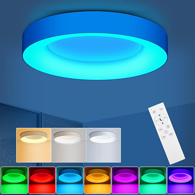 LEZOE RGB Flush Mount LED Ceiling Light Dimmable with Remote Control 11 Inch, 24W 2400lm Color Changing Ceiling Light Fixture, 3000K-6500K Ceiling Lamp for Bedroom Kitchen Hallway Party Living Room