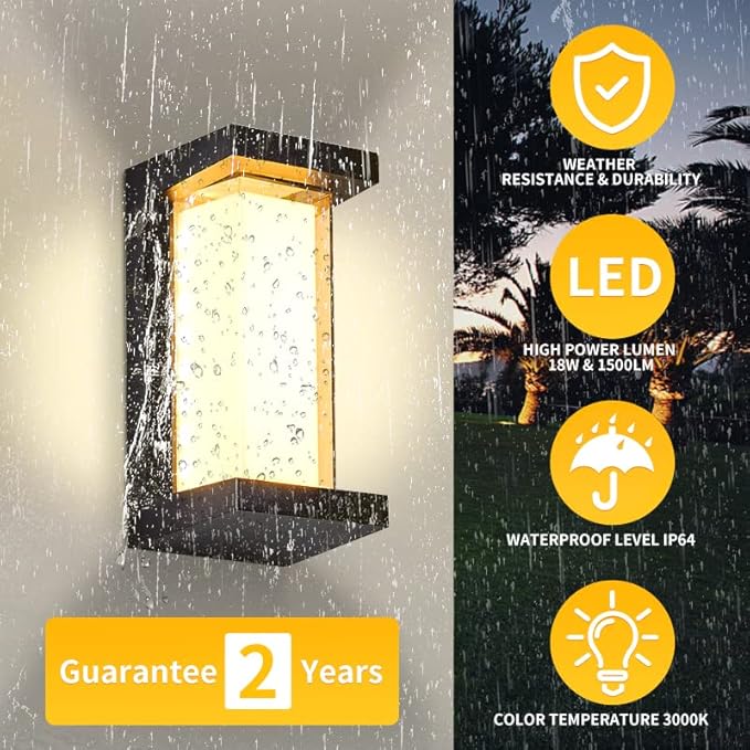 LANFU 3000K LED 18W Aluminum Rectangular Outdoor Wall Sconce Exterior Light Outside Light Fixture, Black with Warm White, IP64 Waterproof Wall Lights for House Patio Porch Garage