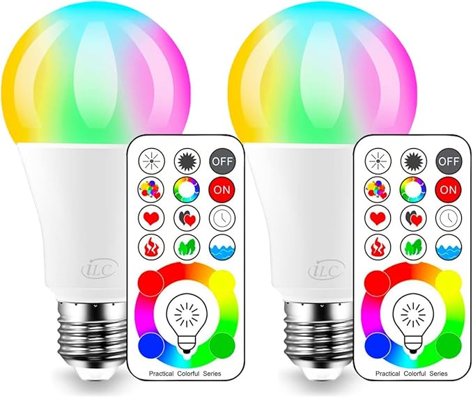 ILC LED Color Changing Light Bulb, 120 Colors, 5700K Daylight White, 70 Watt Equivalent with Remote Control RGBW RGB Daylight and White – Timing Function - A19 E26 Edison Screw (2 Pack)