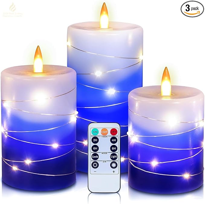 Flameless Candles with String Lights, Battery Operated Candles with Remote Control and Timer,Flickering LED Pillar Candles for Home Decoration,Real Wax, Gradient Blue (3-Pack)