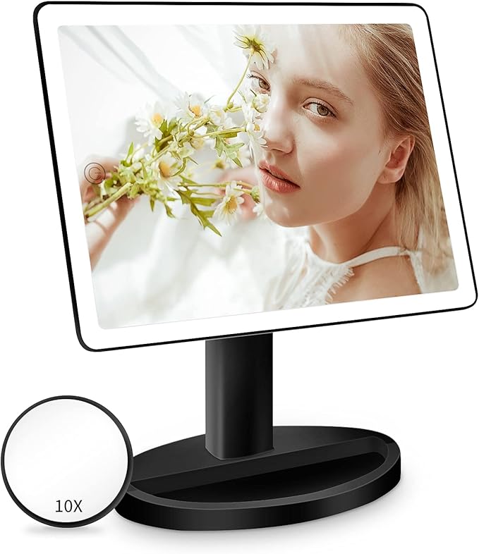 FUNTOUCH Large Lighted Makeup Mirror with Lights, 3 Color Lighting Modes Light Up Mirror with 88 LED, 10X Magnification and 360° Rotation Touch Screen Tabletop Cosmetic Vanity Make Up Mirror (Black)